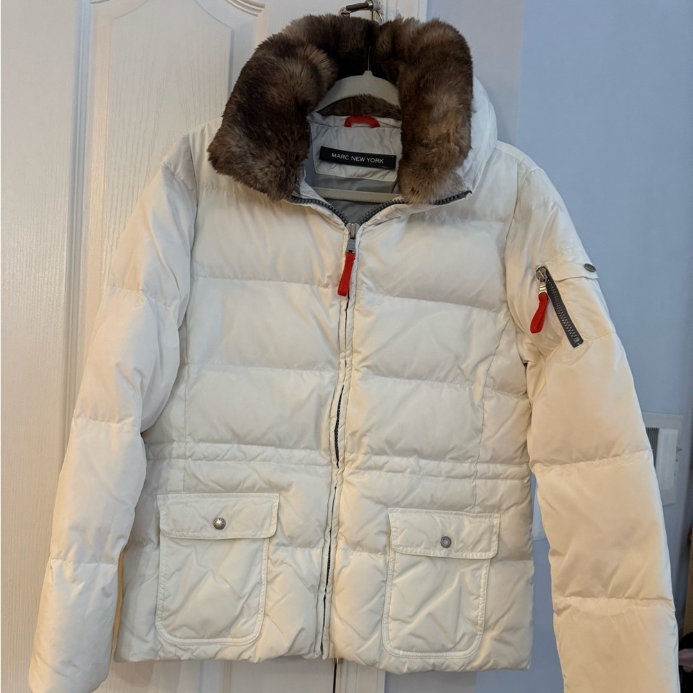 White Puffer Jacket with Fur Trim